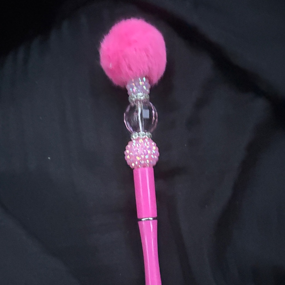 Pink Pom Pom Pen with Rhinestone Accents